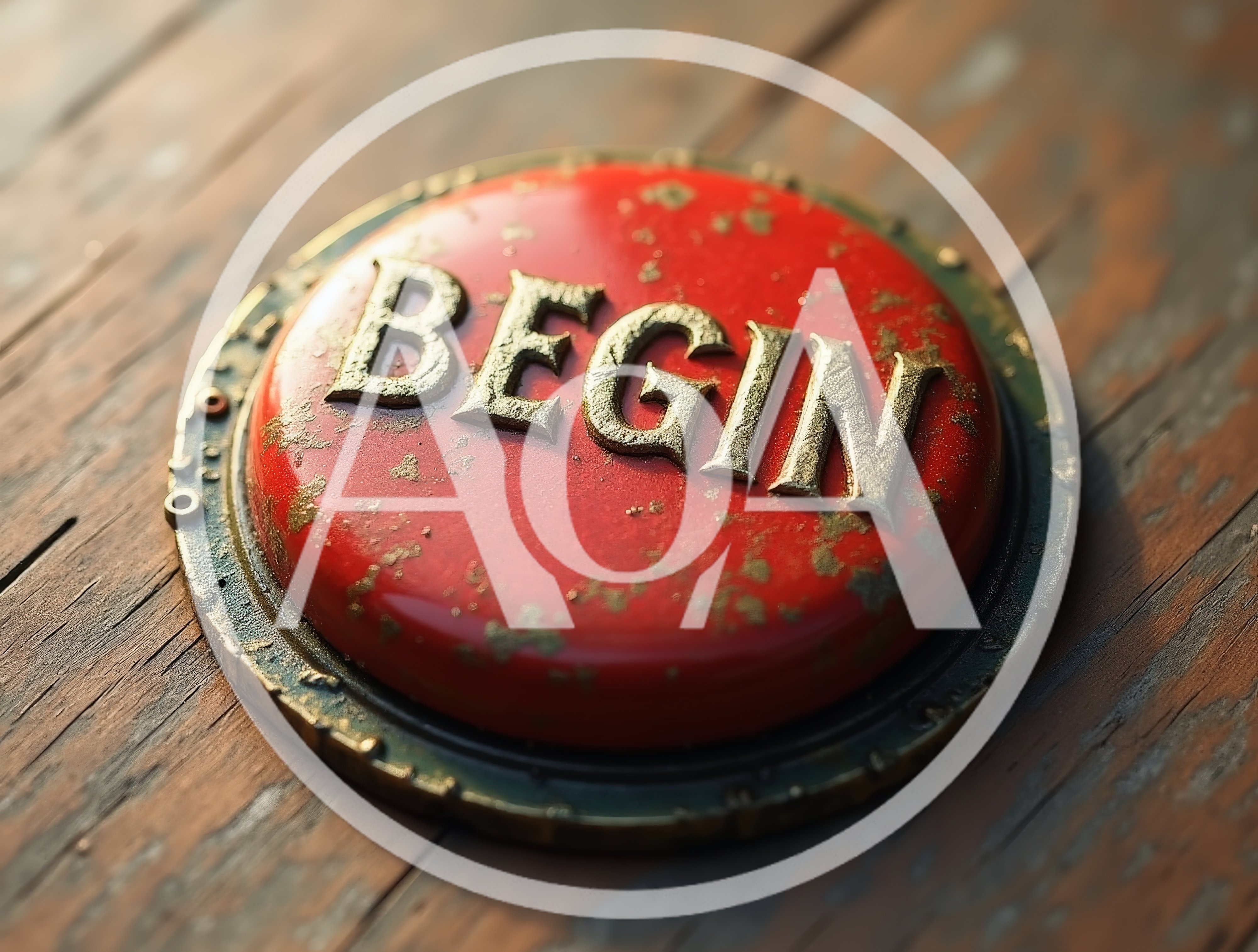 Red Industrial Button With Begin Text On Wooden Surface