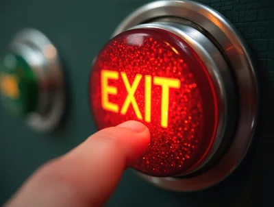 Finger Pressing A Glowing Red Exit Button