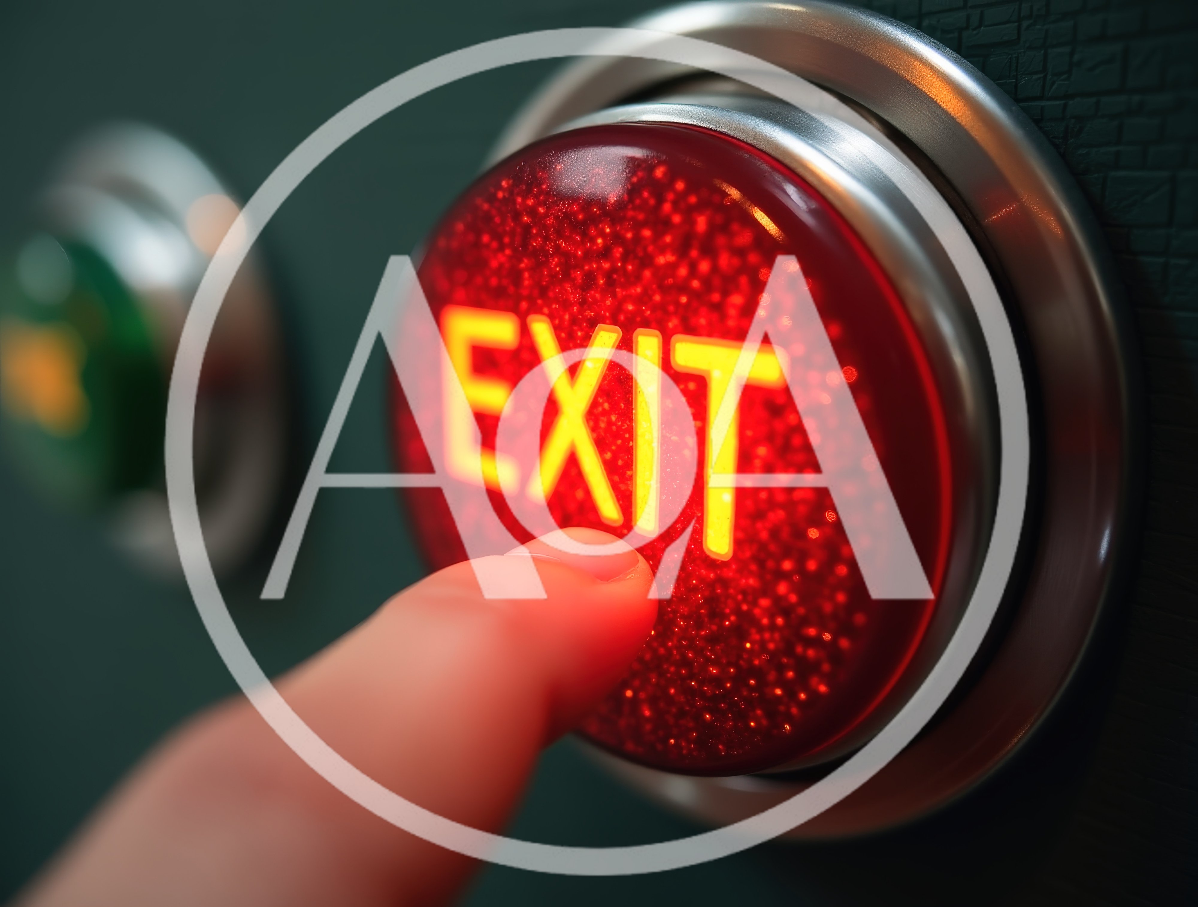 Finger Pressing A Glowing Red Exit Button