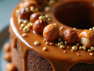 Gourmet Chocolate Cake With Caramel Glaze And Gold Sprinkles