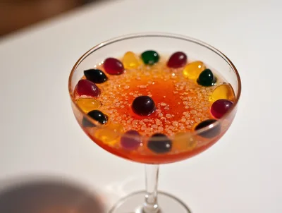 Cocktail Glass Filled With Colorful Jelly Beans And Sugar