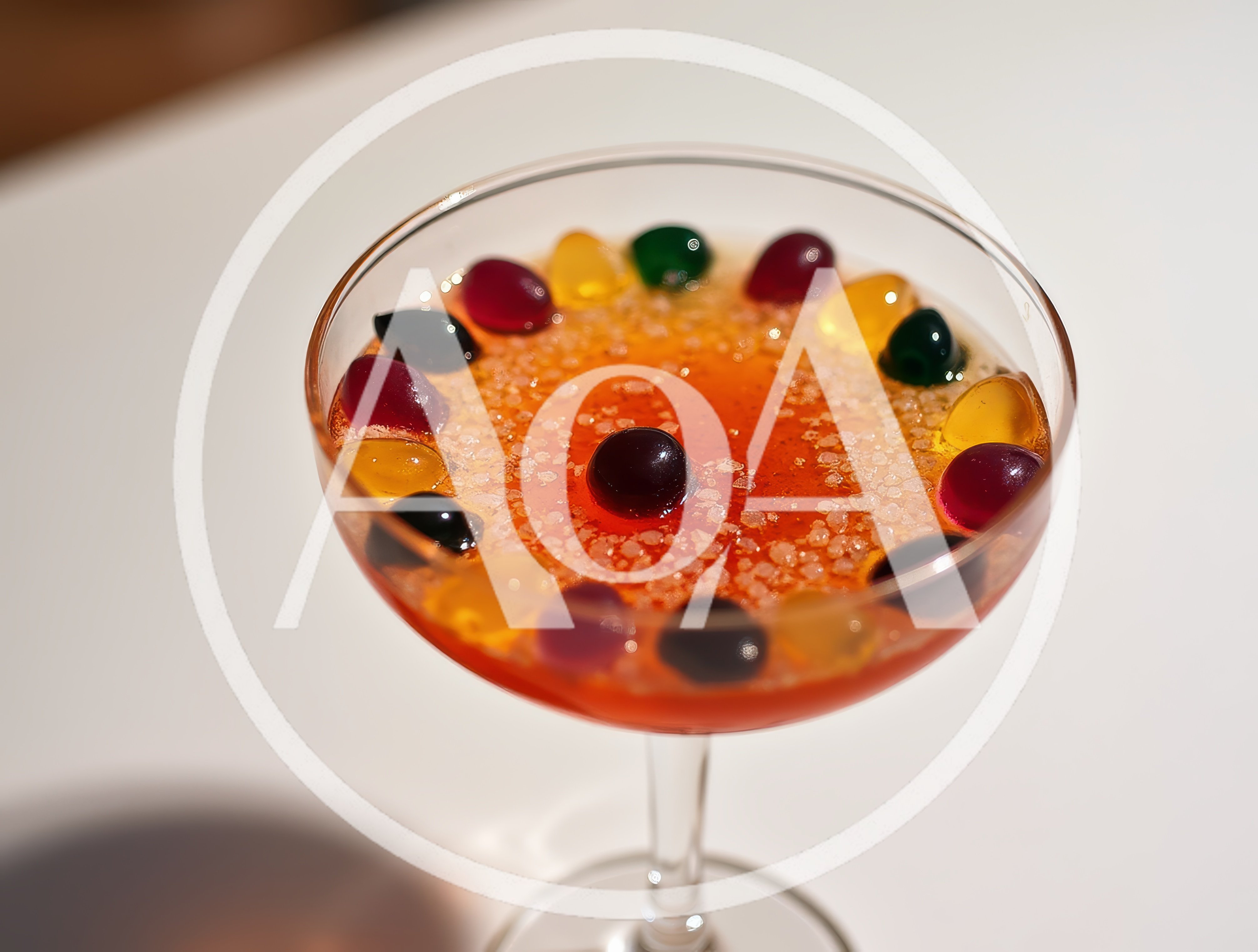 Cocktail Glass Filled With Colorful Jelly Beans And Sugar
