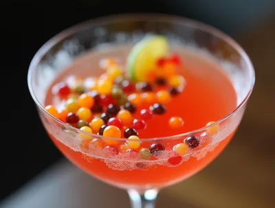 Refreshing Cocktail With Colorful Fruit Pearls In Glass
