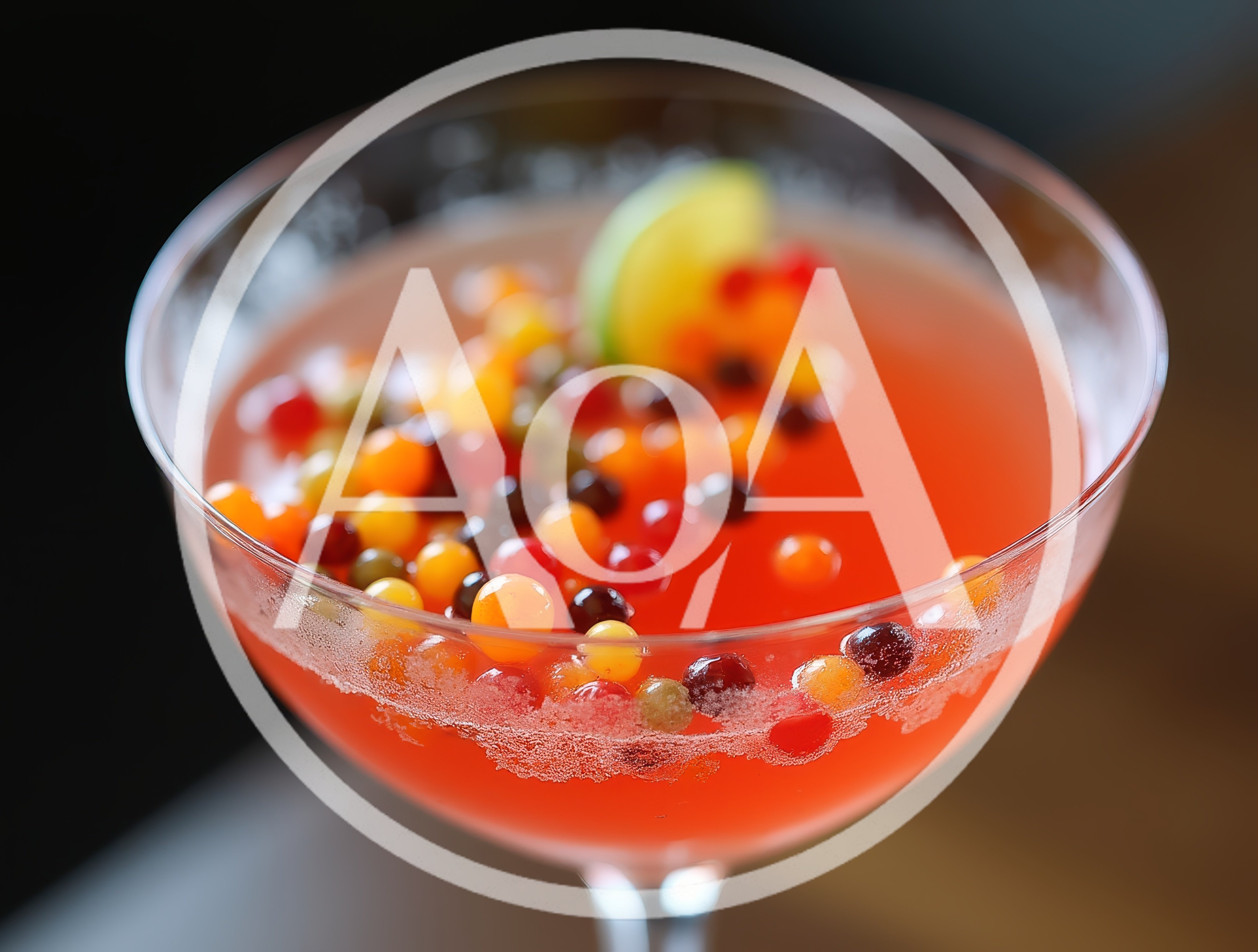 Refreshing Cocktail With Colorful Fruit Pearls In Glass