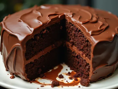 Decadent Chocolate Layer Cake With A Slice Removed