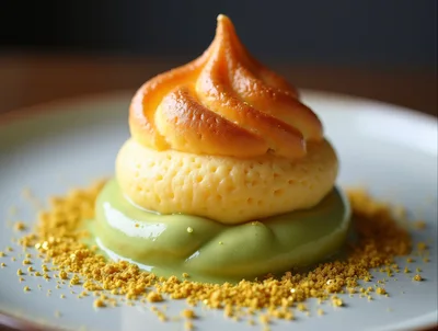Gourmet Layered Dessert With Green Cream And Crumble