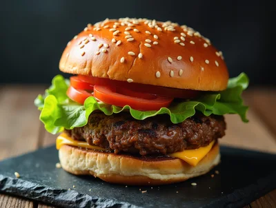 Gourmet Cheeseburger With Lettuce And Tomato On Slate