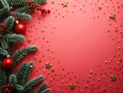 Christmas Pine Branches With Red Ornaments And Gold Stars