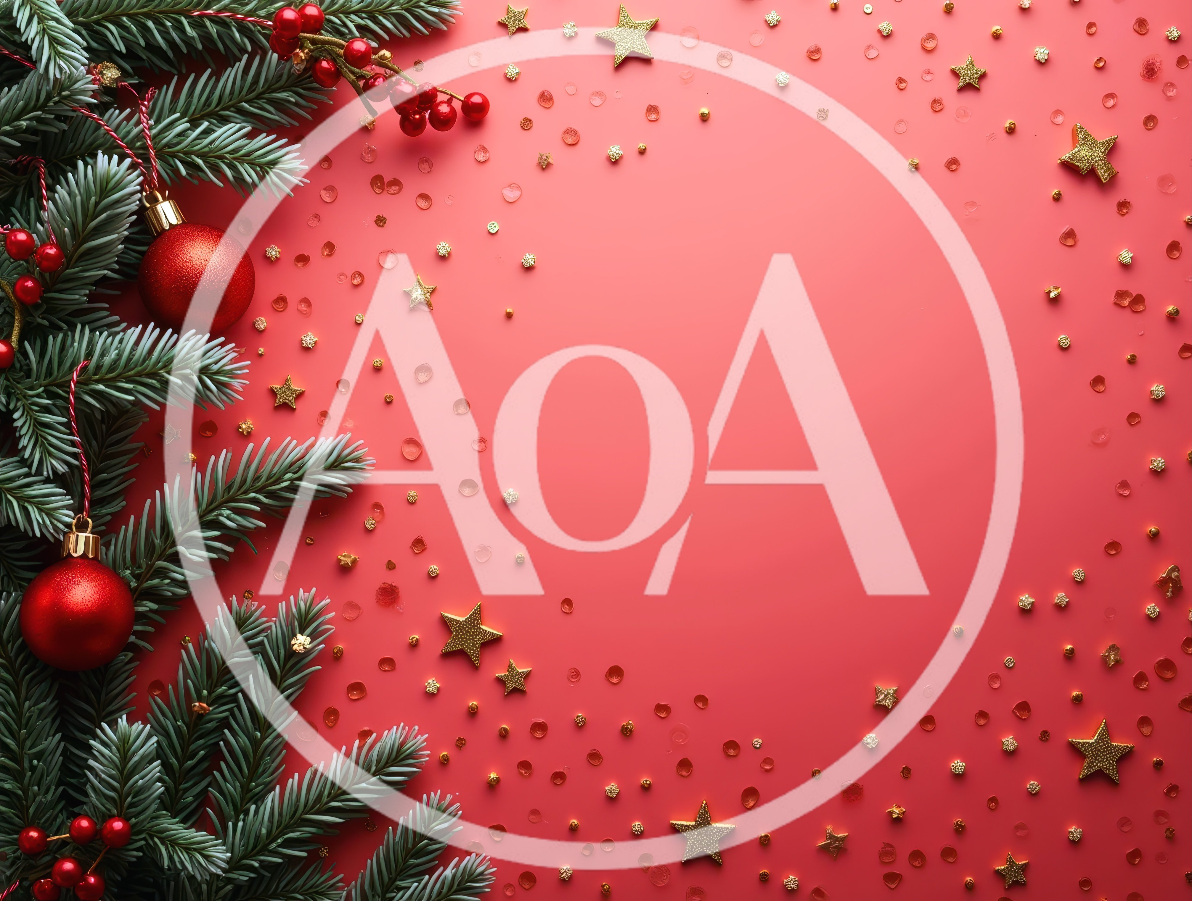 Christmas Pine Branches With Red Ornaments And Gold Stars