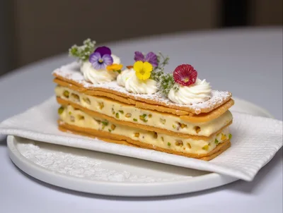 Gourmet Mille-Feuille Pastry With Edible Flowers