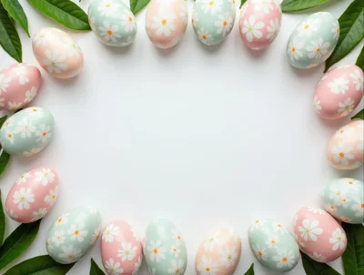 Easter Eggs Arranged In A Circle With Green Leaves