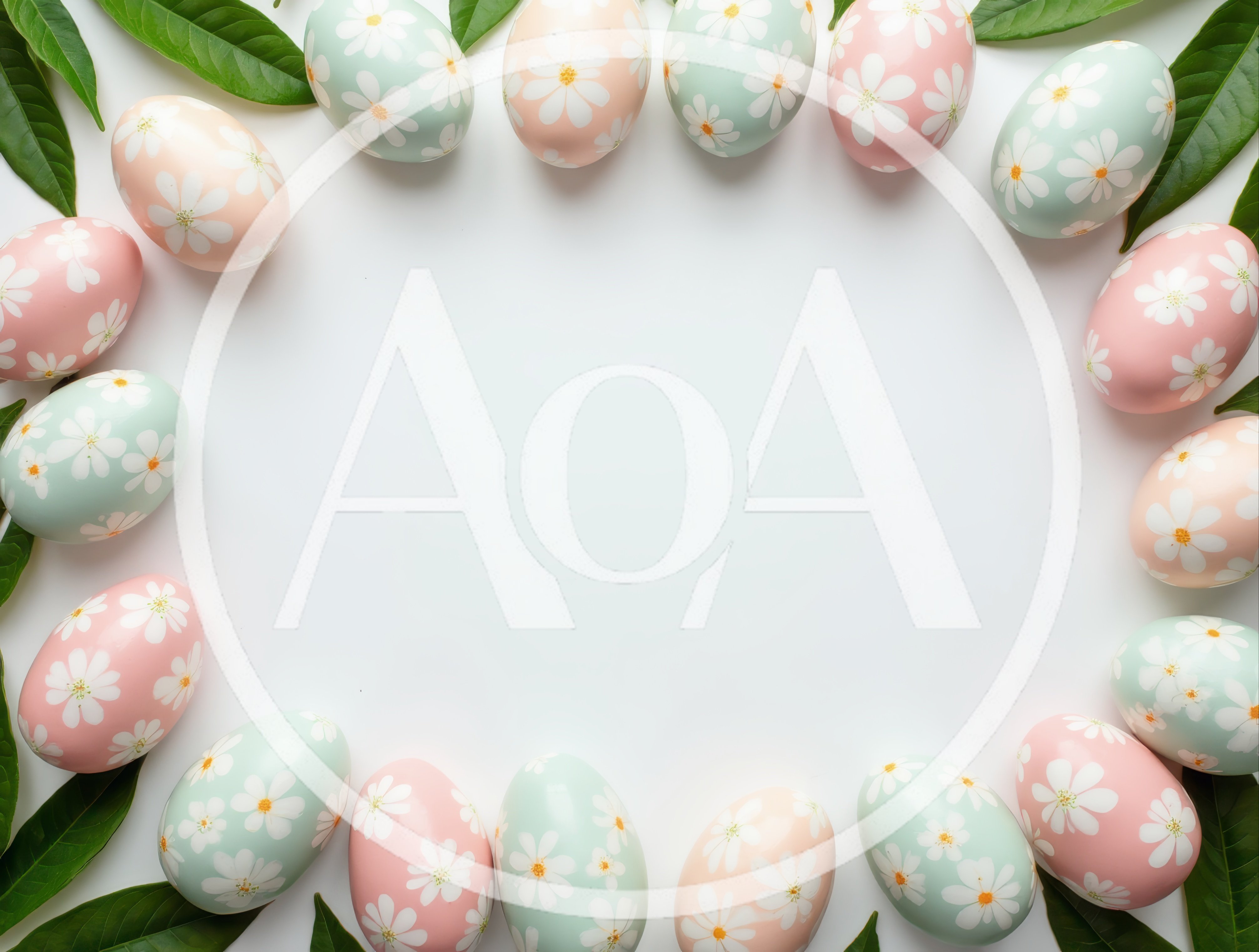 Easter Eggs Arranged In A Circle With Green Leaves