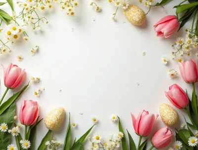 Easter Floral Frame with Pink Tulips and Decorated Eggs