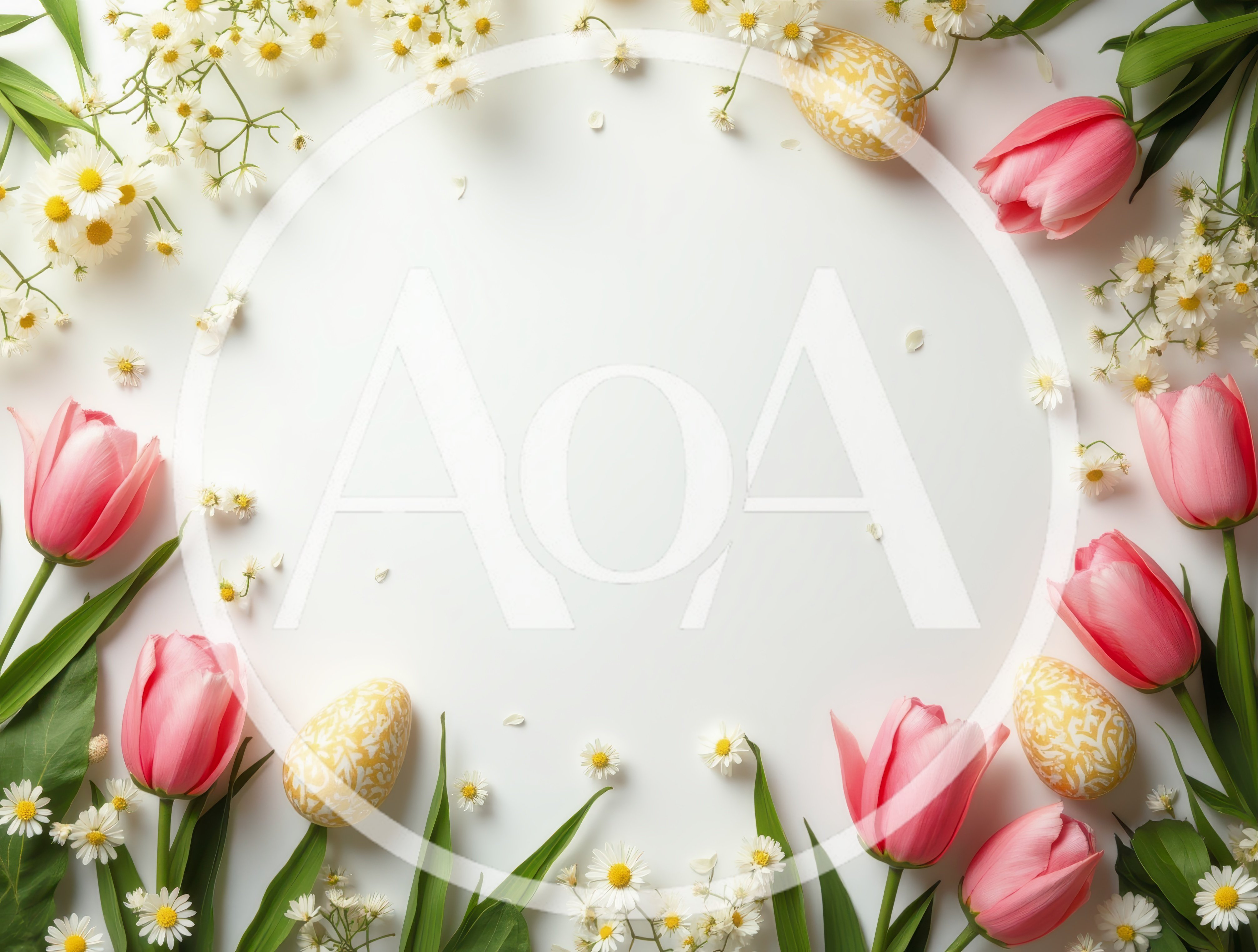 Easter Floral Frame with Pink Tulips and Decorated Eggs