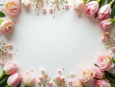 Floral Frame With Pink Roses And Tulips