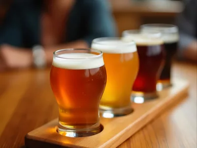 Beer Flight Tasting On A Wooden Paddle