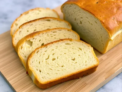 Freshly Baked Sliced White Bread Loaf on Wooden Board