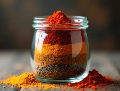 Glass Jar Filled With Layered Colorful Spices