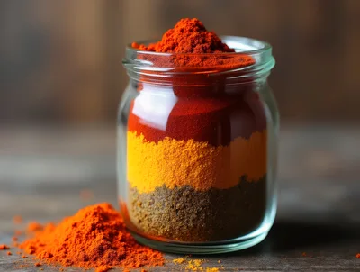 Glass Jar Filled With Layered Colorful Spices