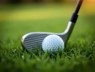 Golf Club Head Addressing A Golf Ball On Grass