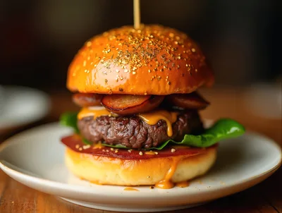 Gourmet Beef Burger With Gold Flakes On A Plate