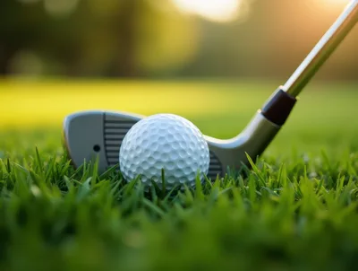 Golf Ball And Iron Club On Green Grass