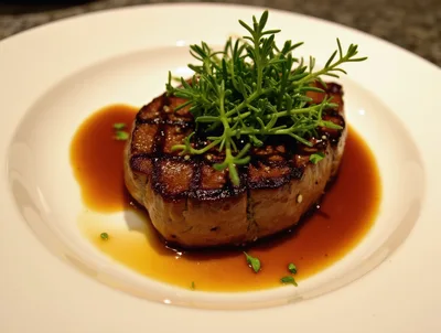 Seared Foie Gras With Herb Garnish On White Plate