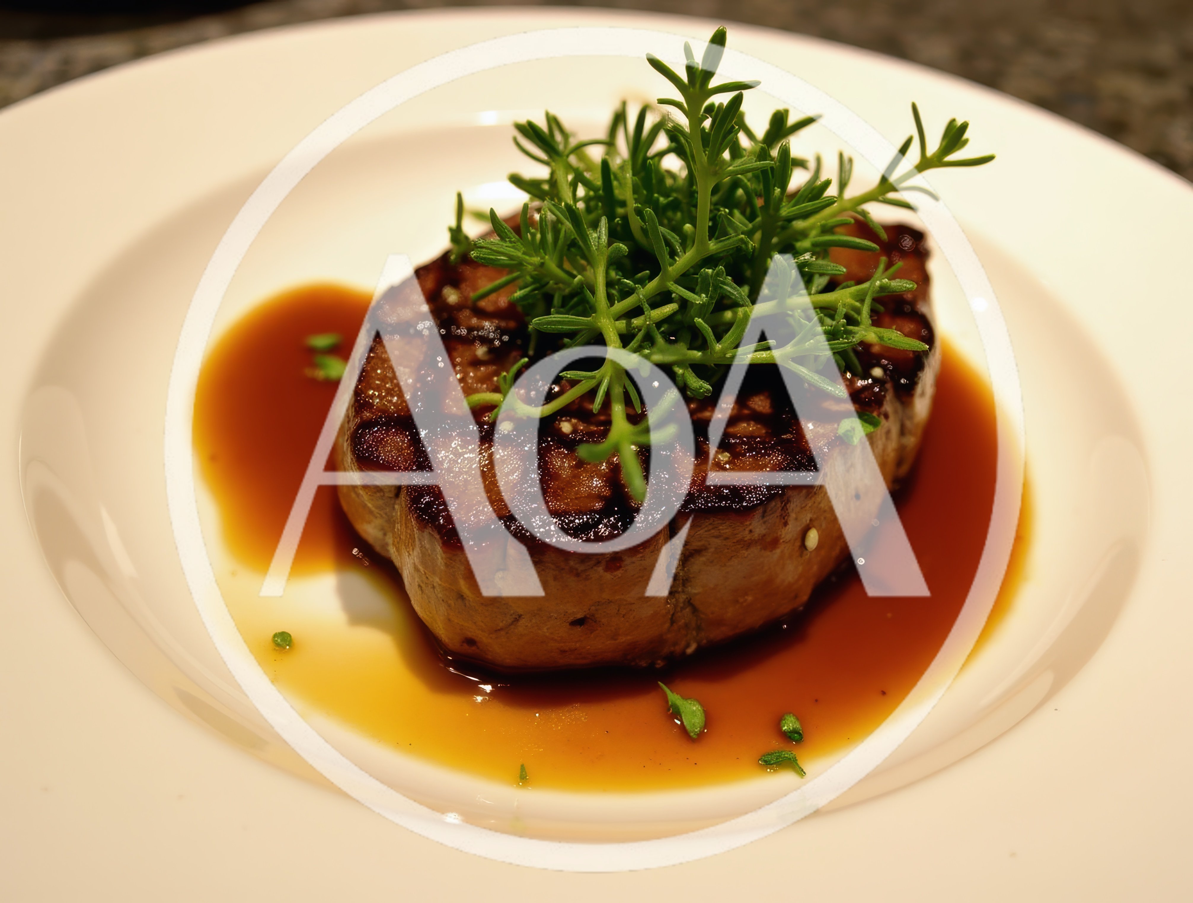 Seared Foie Gras With Herb Garnish On White Plate