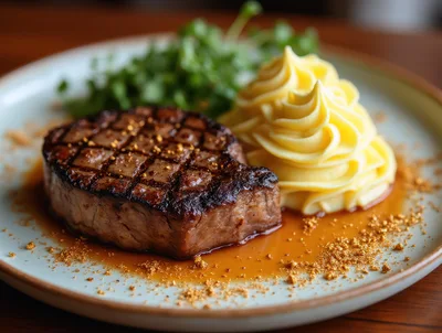 Grilled Beef Steak with Mashed Potatoes and Greens