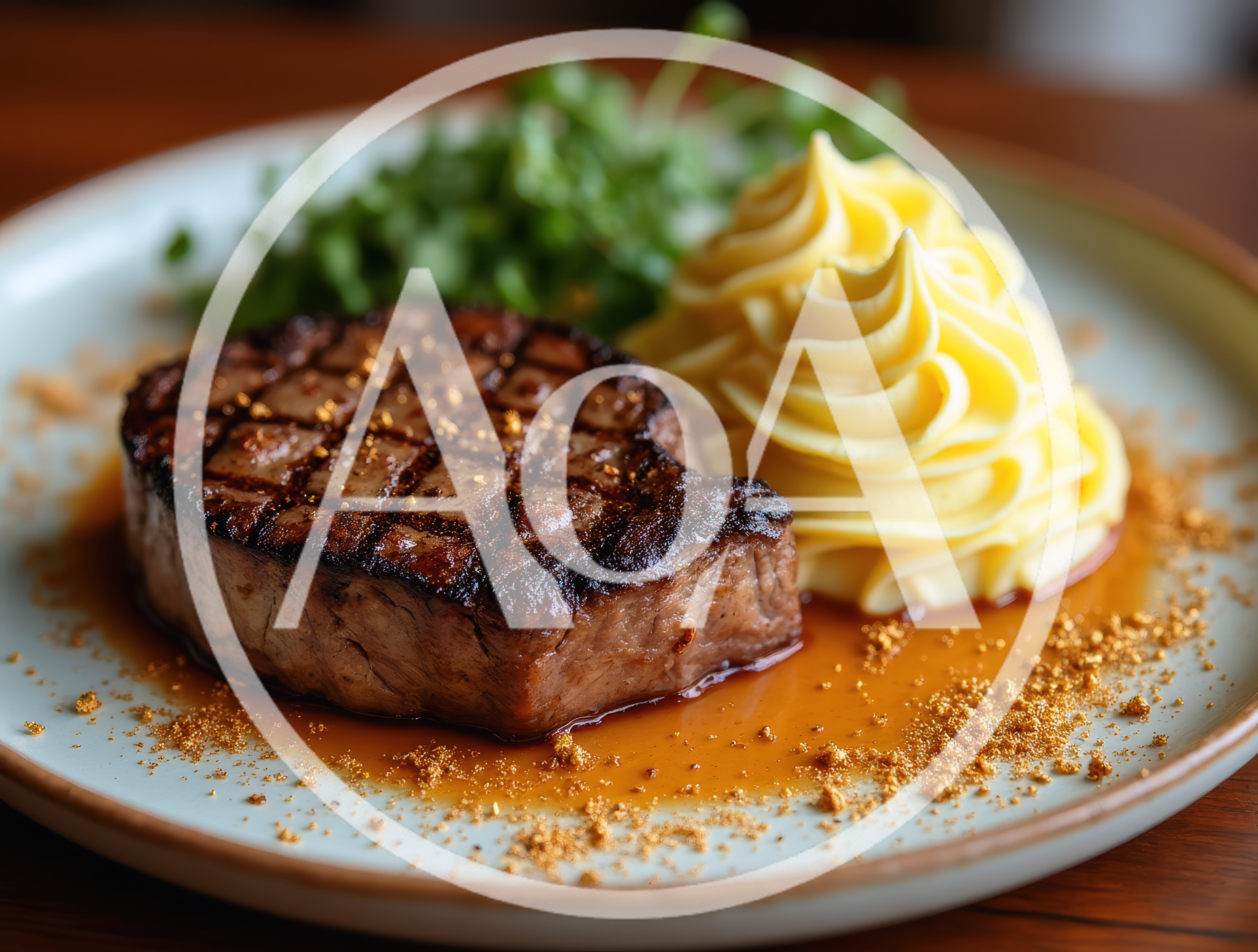 Grilled Beef Steak with Mashed Potatoes and Greens