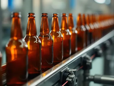 Amber Glass Beer Bottles Moving Along Industrial Conveyor Belt