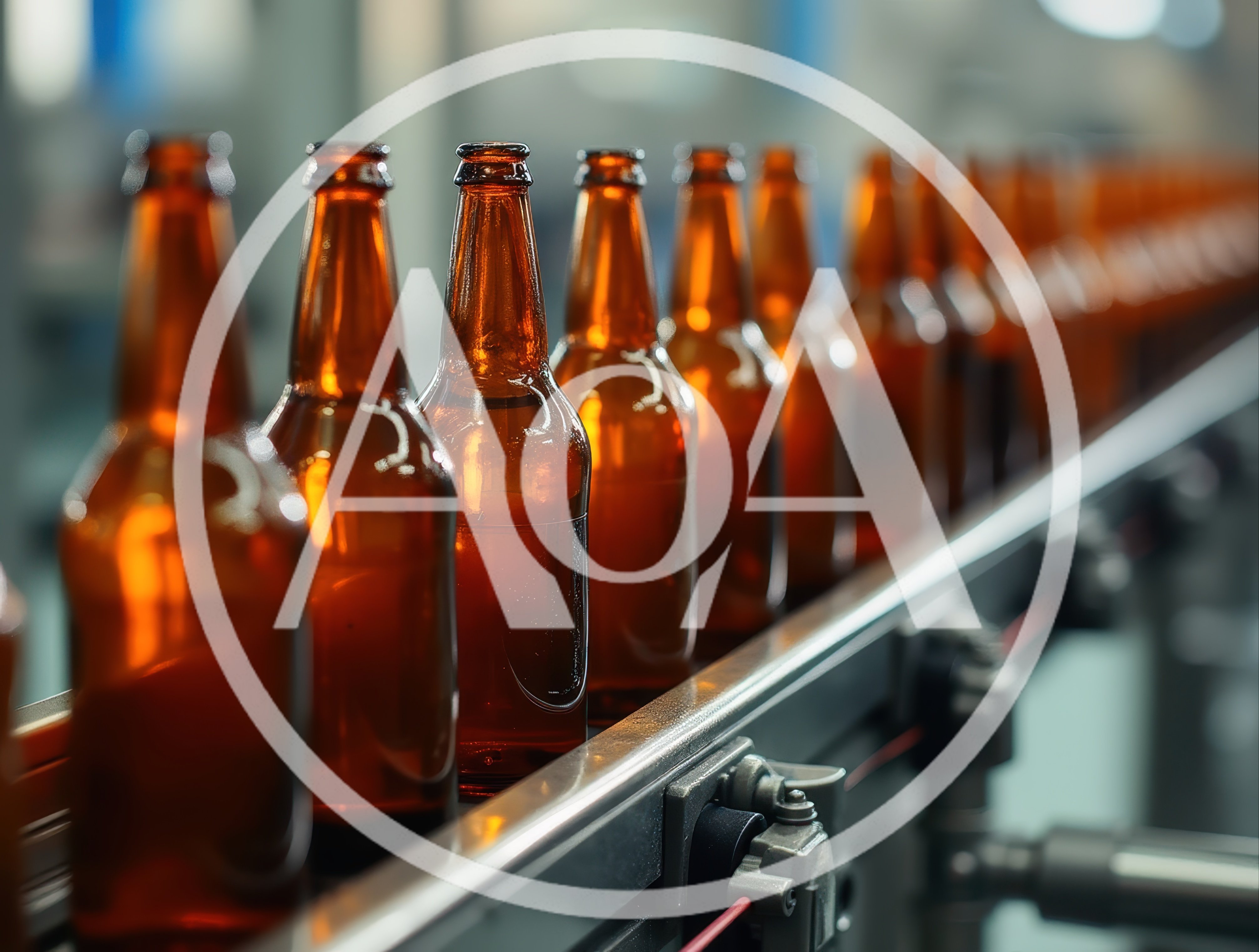 Amber Glass Beer Bottles Moving Along Industrial Conveyor Belt
