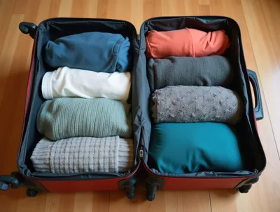 Open Suitcase Packed With Folded Clothing