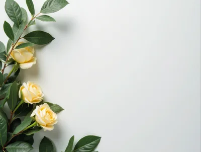 Three Pale Yellow Roses With Green Leaves On White