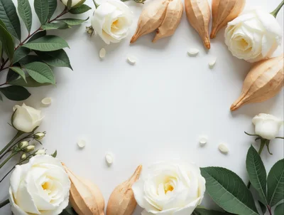 White Roses and Dried Seed Pods Frame