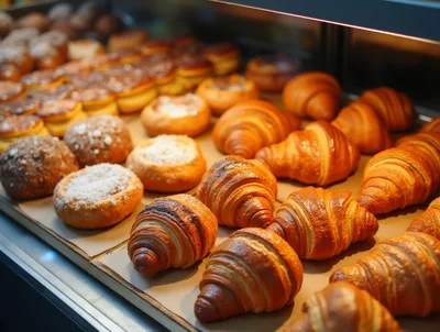 Freshly Baked Croissants and Pastries in Bakery Display Case