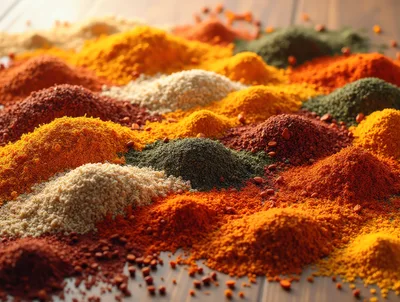 Assorted Colorful Spices Piled On Wooden Surface