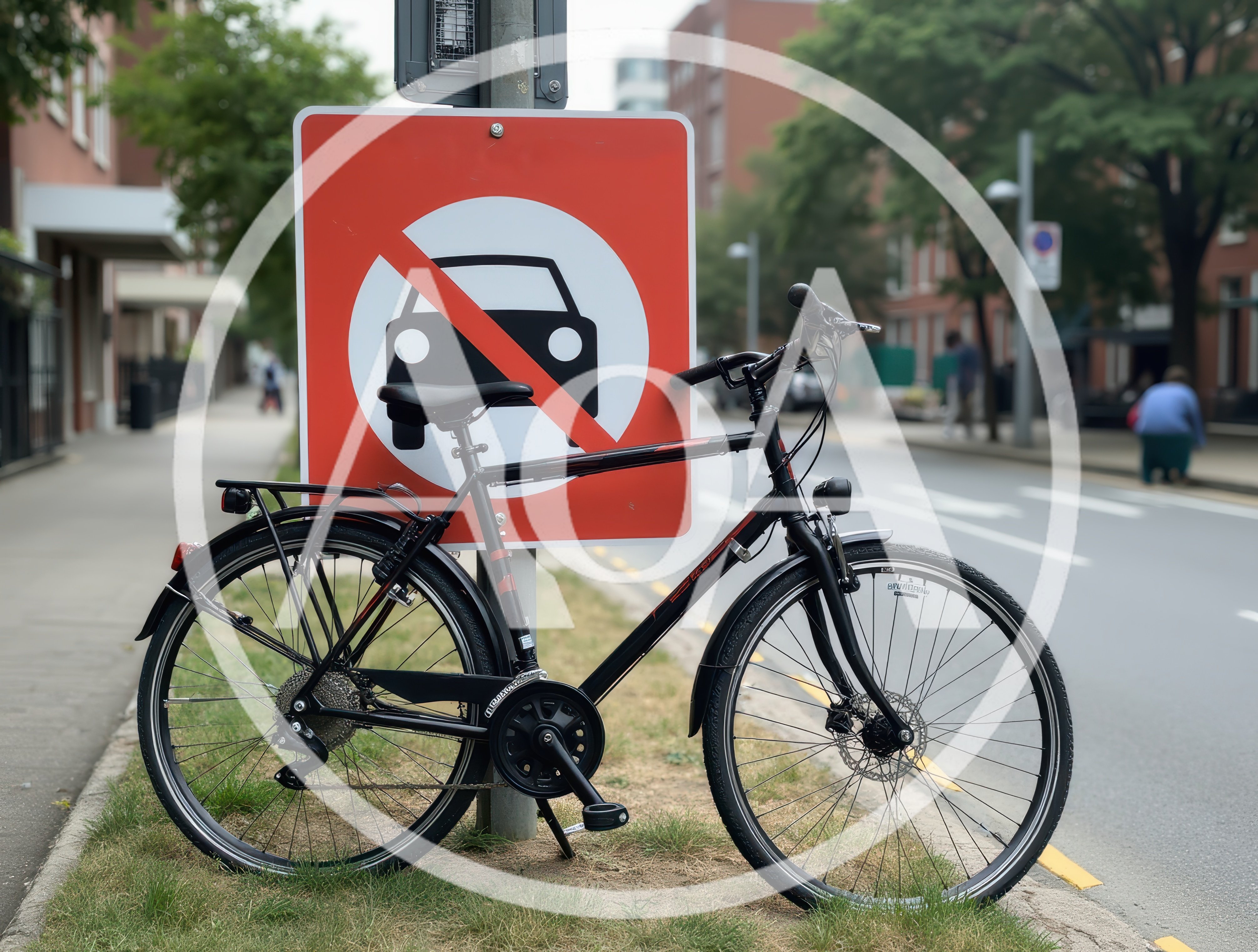 Black Bicycle Parked Beside No Cars Traffic Sign