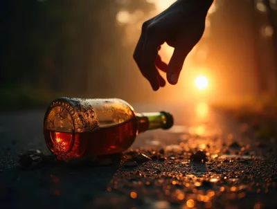 Hand Reaching For A Fallen Bottle Of Alcohol