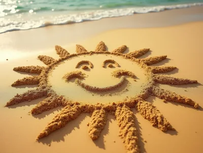 Sun Face Drawn In Sand On Beach