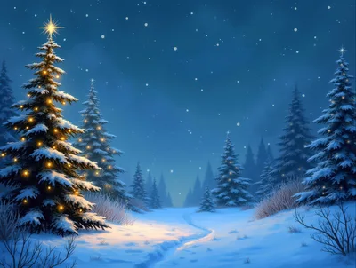 Illuminated Christmas Tree In A Snowy Winter Forest