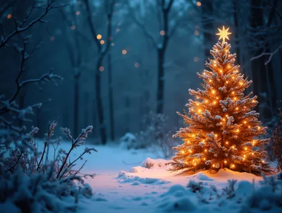 Illuminated Christmas Tree In Snowy Winter Forest