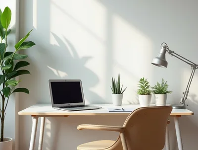 Minimalist Home Office Desk With Laptop And Plants