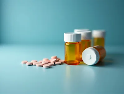 Amber Pill Bottles and Pink Tablets on Blue Background
