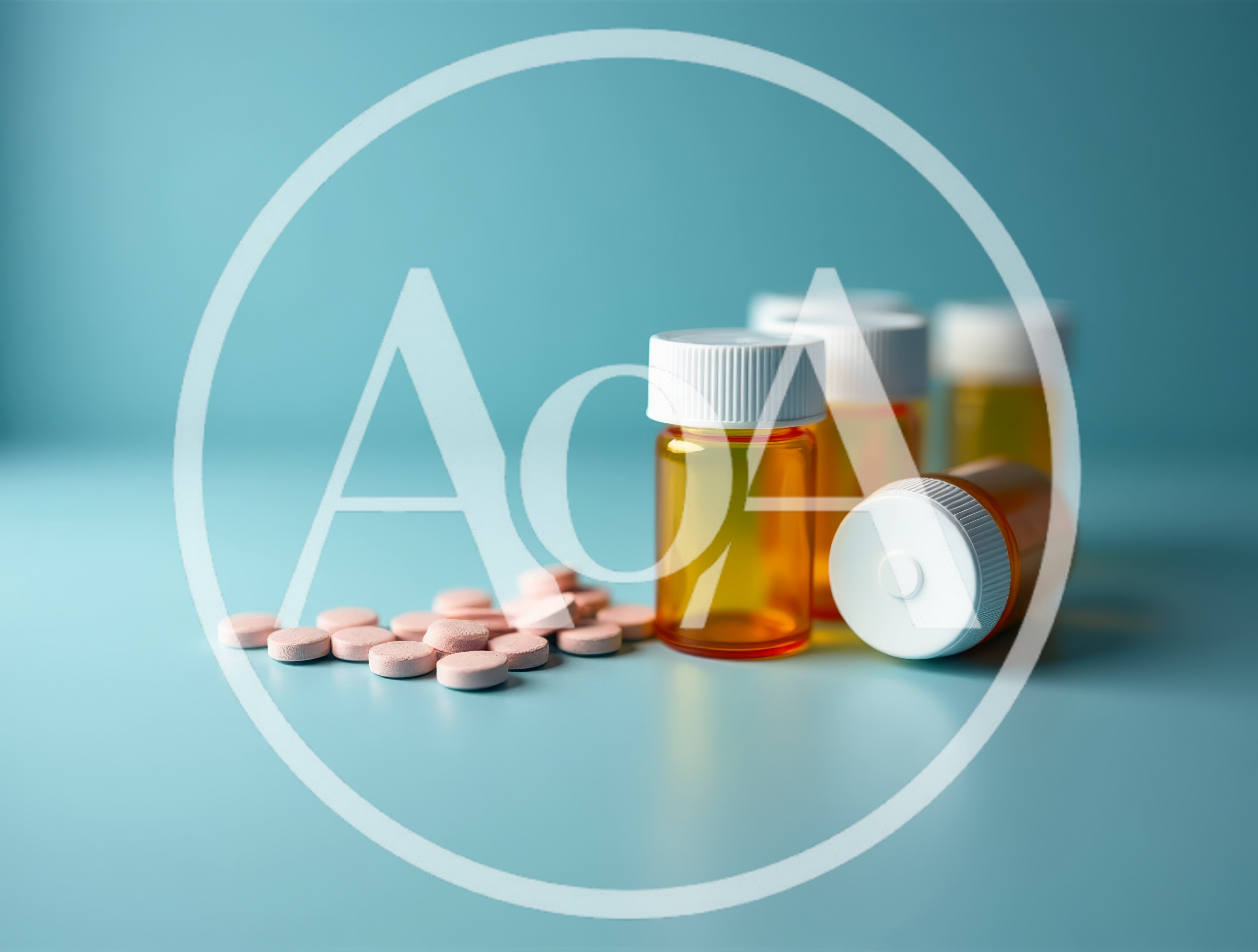 Amber Pill Bottles and Pink Tablets on Blue Background