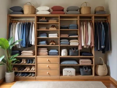 Organized Wooden Walk In Closet With Clothing And Accessories
