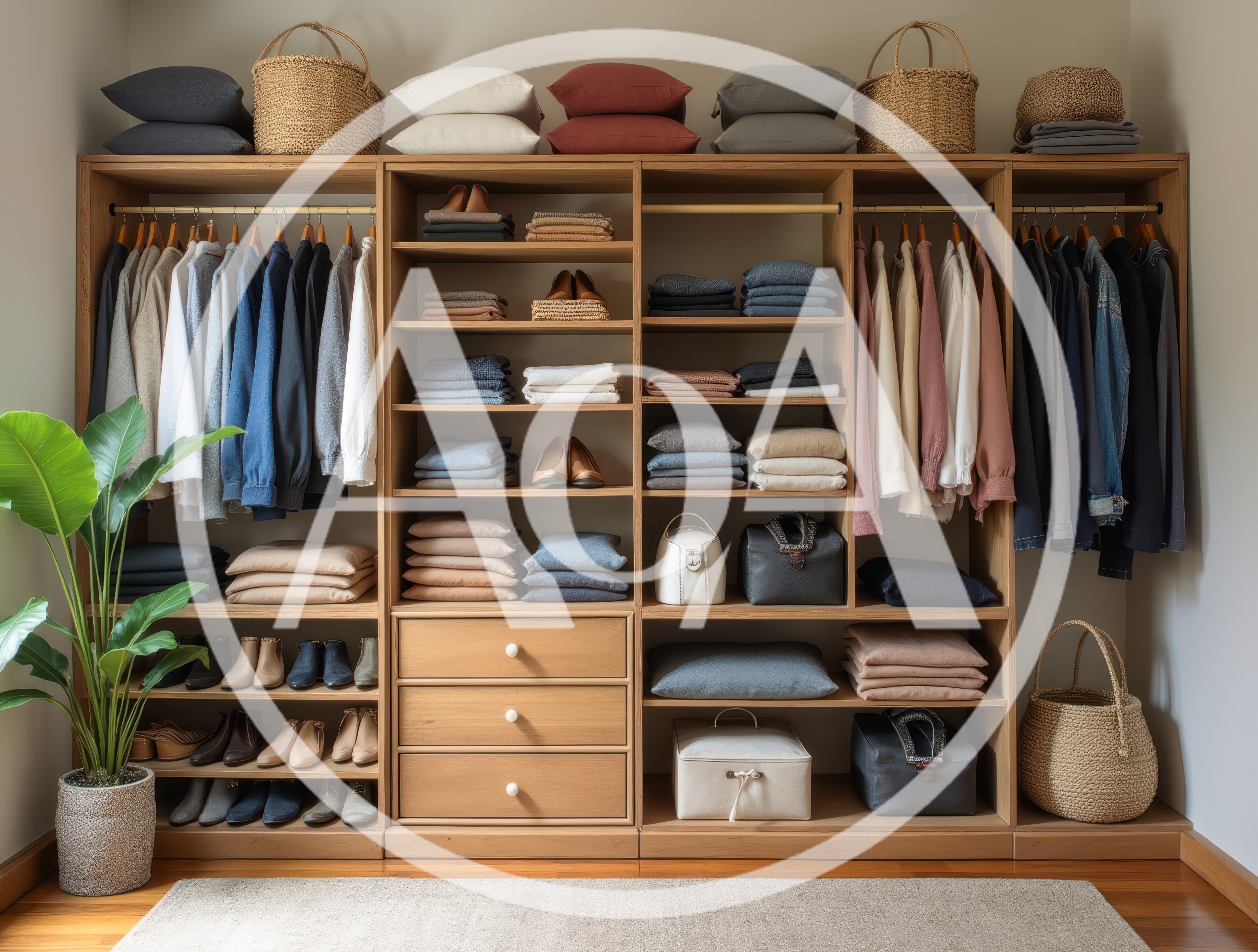 Organized Wooden Walk In Closet With Clothing And Accessories