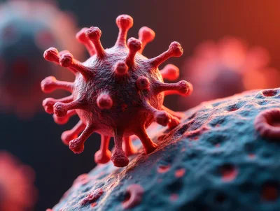 Microscopic View Of Red Coronavirus Cells