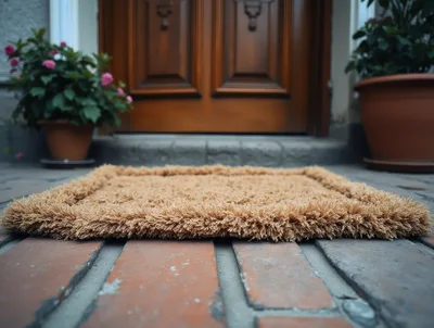 Shaggy Brown Doormat In Front Of A Wooden Door
