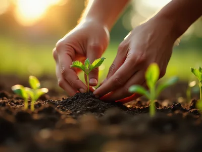 Hands Planting A Small Green Seedling In Soil